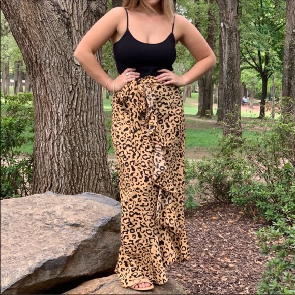 1 Left! Leopard Faux Wrap Ruffle Maxi Skirt - Picture 6 of 7